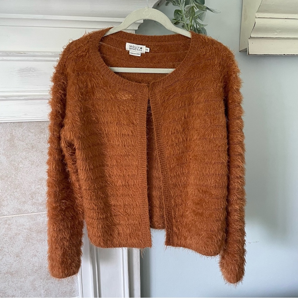 Burnt orange fuzzy cardigan sweater